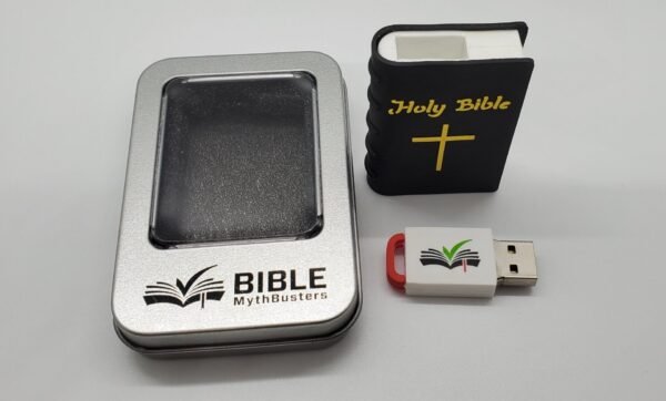 A rectangular metal tin labeled "Hope Drive: Seminar Files and Audio Bible" is next to a black, Bible-shaped USB case with gold text and a cross. Nearby is the USB flash drive with a red cap and book logo.