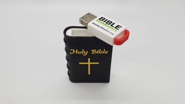The Hope Drive: Seminar Files and Audio Bible is a USB flash drive shaped like a black Holy Bible with a yellow cross, “Holy Bible” on the cover, a visible USB connector, and a cap reading BIBLE Mybibleverse.org with a red loop.