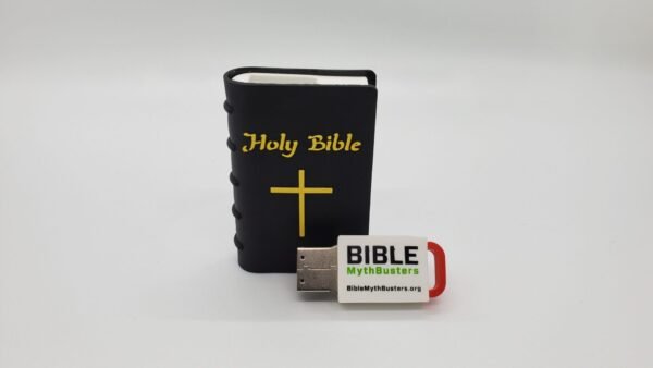 A small book with "Holy Bible" and a gold cross on the cover stands upright. In front is a USB flash drive labeled "Hope Drive: Seminar Files and Audio Bible, BibleMythBusters.org" on a plain white background.
