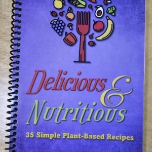 The purple spiral-bound "Delicious & Nutritious: 35 Simple Plant-based Recipes" by Jenni Allen features a cover with illustrated fruits and vegetables forming a fork shape above the title, set on a textured background.