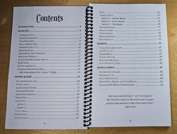 The spiral-bound "Delicious & Nutritious: 35 Simple Plant-based Recipes" by Jenni Allen opens to a table of contents featuring Breakfast, Entrées & Sides (granola, waffles, loaves), sauces, desserts, charts, and a Bible verse.