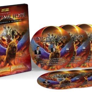 The End-Time Hope Bible Prophecy Seminar Set (23 Messages) is shown as a vivid box set with dramatic biblical art—angels, lions, flames—and red and gold accents on the box and seven DVDs, each detailing the seminar’s prophetic messages.