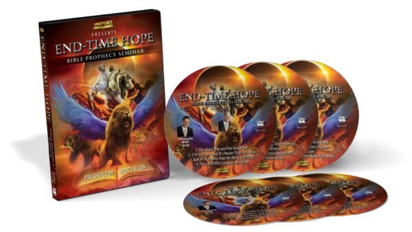 The End-Time Hope Bible Prophecy Seminar Set (23 Messages) is shown as a vivid box set with dramatic biblical art—angels, lions, flames—and red and gold accents on the box and seven DVDs, each detailing the seminar’s prophetic messages.