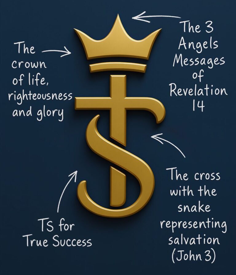 A gold symbol combines a crown, a cross with a snake wrapped around it, and the letters &ldquo;TS.&rdquo; Handwritten text labels: crown for life, righteousness, and glory; TS for true success; cross and snake for salvation (John 3); and three angels&rsquo; messages of Revelation 14.