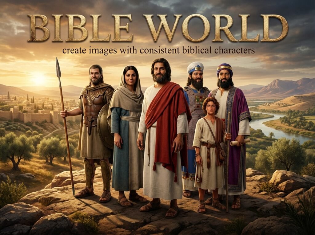 A group of six people in ancient biblical clothing stand on a hilltop at sunset, overlooking a river and a distant city. The image features men, a woman, and a boy, with the text &ldquo;BIBLE WORLD&rdquo; above and &ldquo;create images with consistent biblical characters&rdquo; below.