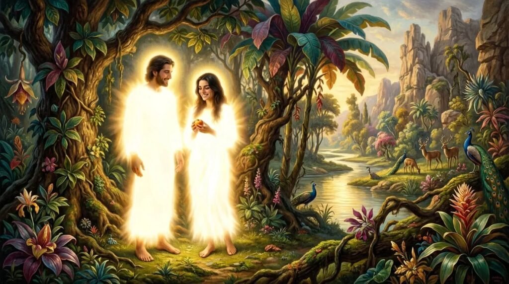 A glowing man and woman stand barefoot in a lush, vibrant garden with tall trees, colorful flowers, and exotic animals. Sunlight streams in, a river winds through the scene, and mountains rise in the background, creating a peaceful, paradise-like setting.