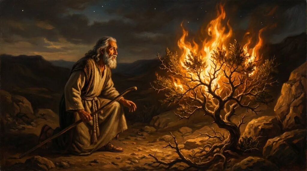 An elderly, bearded man in robes kneels on rocky ground at night, holding a wooden staff and gazing at a bush engulfed in bright orange flames. The scene is set outdoors with mountains and a dark, starry sky in the background.