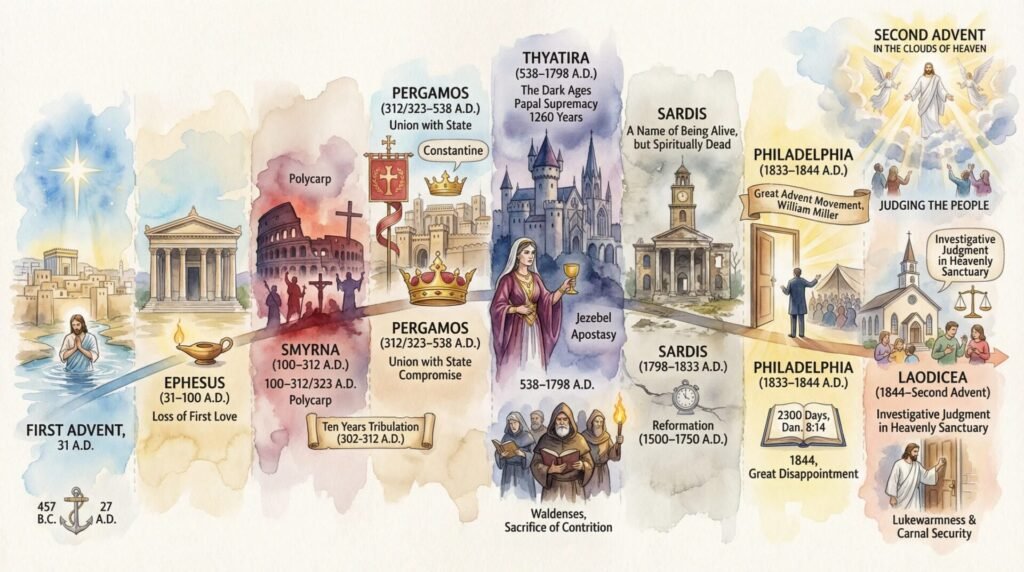 A timeline of the seven churches from Revelation, illustrated with buildings and figures. Key events include early Christian history, persecution, Papal rule, the Reformation, spiritual decline, the Second Advent, and investigative judgment, all labeled with dates and locations.