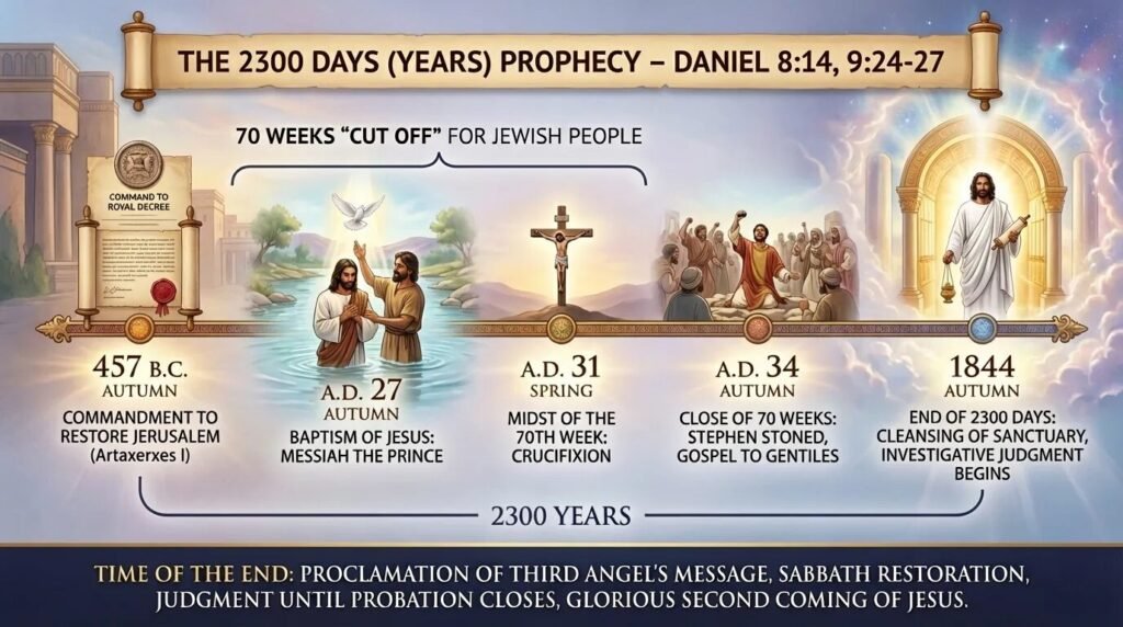 A prophetic timeline chart shows the 2300 days/years from 457 B.C. to 1844 A.D., with art of Jerusalem restoration, Jesus&rsquo; baptism, crucifixion, Second Coming, and sanctuary cleansing events, illustrating key milestones in Daniel 8:14 and 9:24&ndash;27.