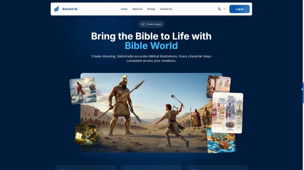 Screenshot of a website called Advent AI. Main text reads &ldquo;Bring the Bible to Life with Bible World.&rdquo; The center shows an illustration of David and Goliath, surrounded by smaller biblical-themed images. The page has a dark blue background and navigation buttons at the top.