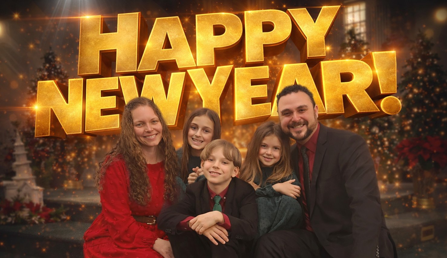 A smiling family of five, dressed in festive red and black attire, poses closely together in front of a large, glowing &ldquo;HAPPY NEW YEAR!&rdquo; sign. The background features soft holiday lights and decorations, creating a warm, celebratory atmosphere.