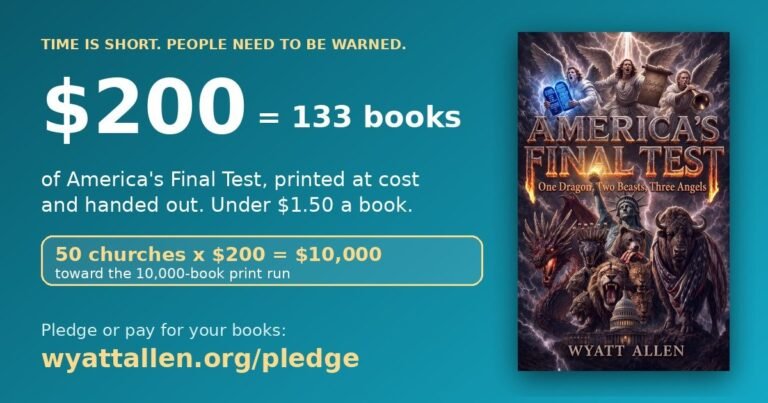 $200 = 133 copies of America's Final Test. Pledge or pay at wyattallen.org/pledge