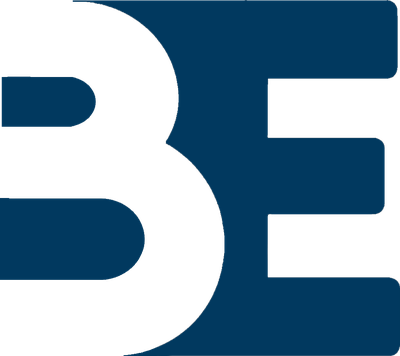 Bold blue letters BE in a thick, modern, sans-serif font on a white background. The letters are closely spaced with minimal gaps, creating a strong, unified design. The image is cropped, cutting off the top, left, and bottom edges of the B.