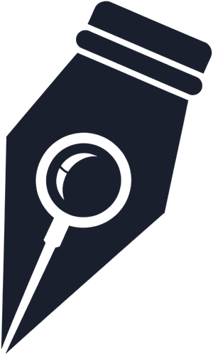 A graphic of a black fountain pen nib with a white magnifying glass icon inside it, symbolizing the concepts of writing and search or investigation. The background is light gray, and the design is minimalist and modern.