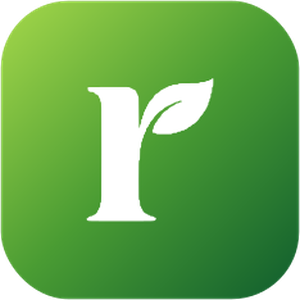 A white lowercase letter r with a leaf forming the top right part of the letter, set against a rounded green gradient background.